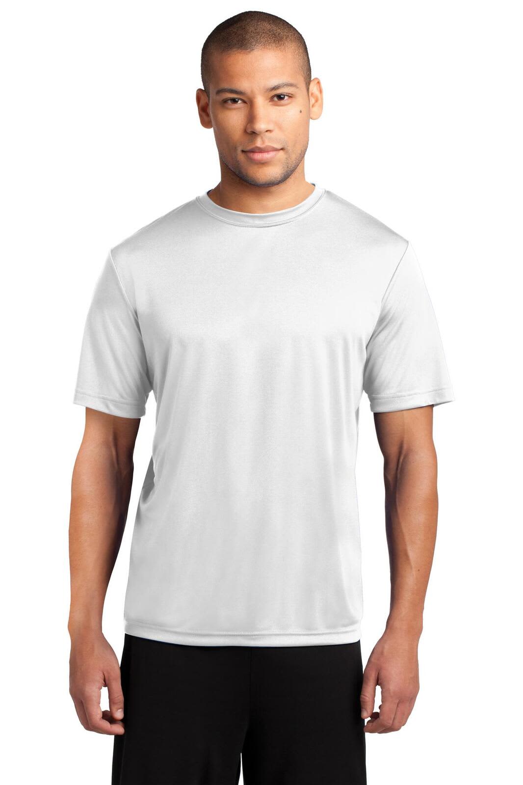 A man wearing a short-sleeved white performance tee. The shirt features a logo on the chest.