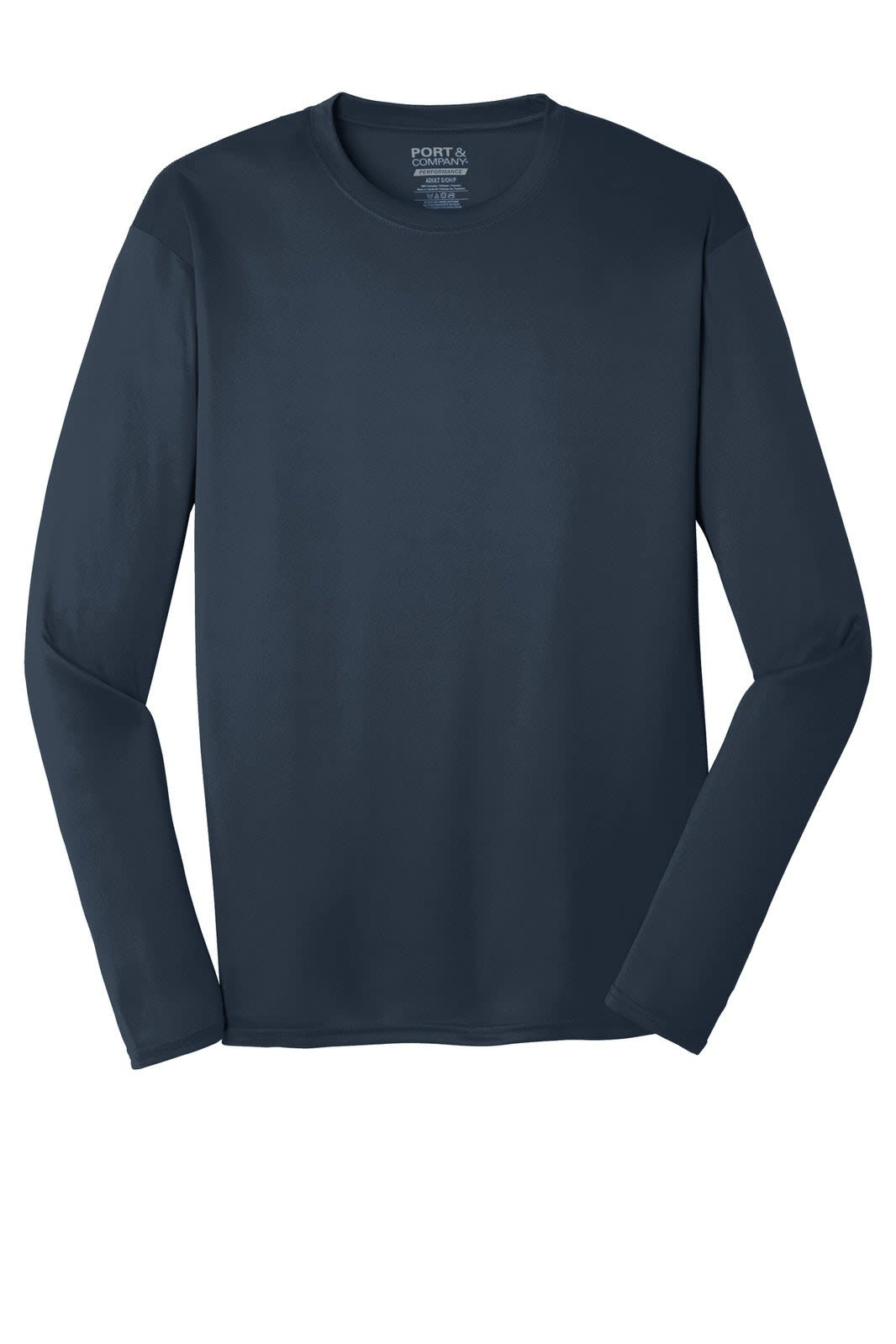 A long sleeve performance tee in navy blue, featuring a logo on the label.