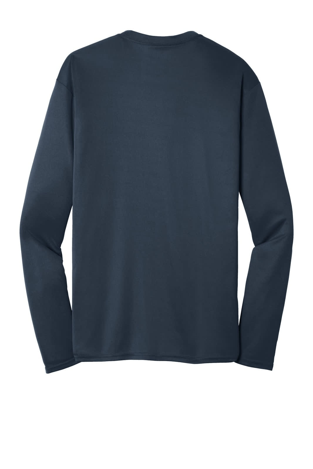A long sleeve performance tee in navy blue, featuring a plain back and fitted sleeves.