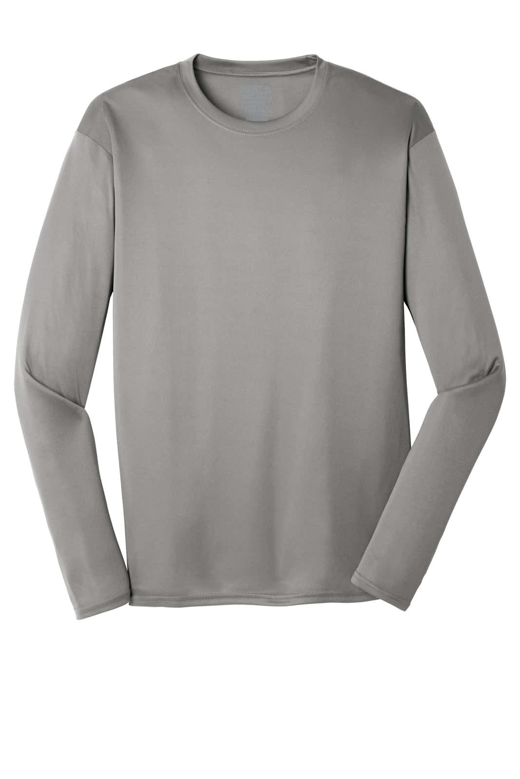 A long sleeve performance tee in grey, featuring a smooth, lightweight fabric and a logo.