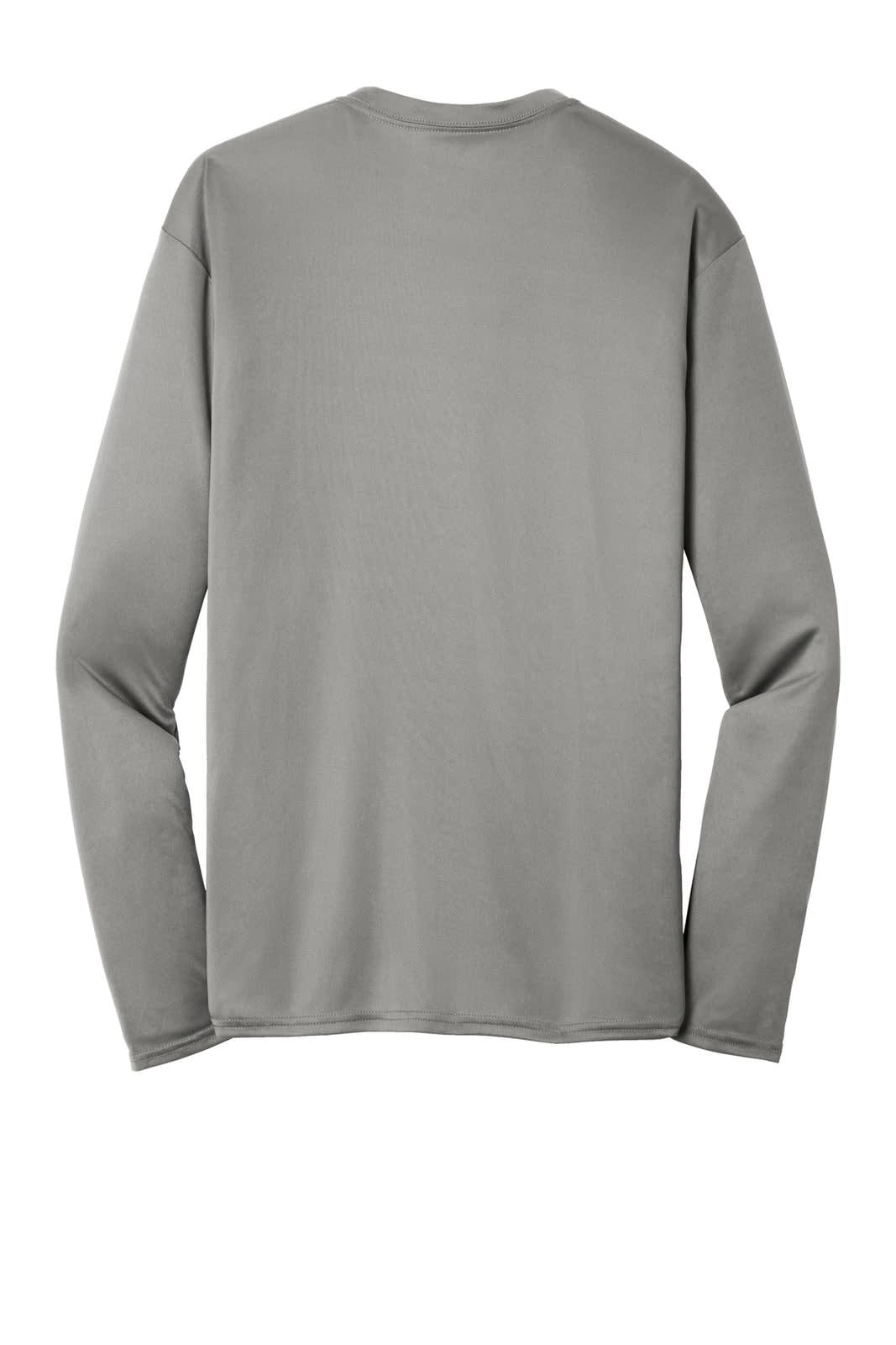 A long sleeve performance tee in grey, featuring a simple design and a logo on the back.