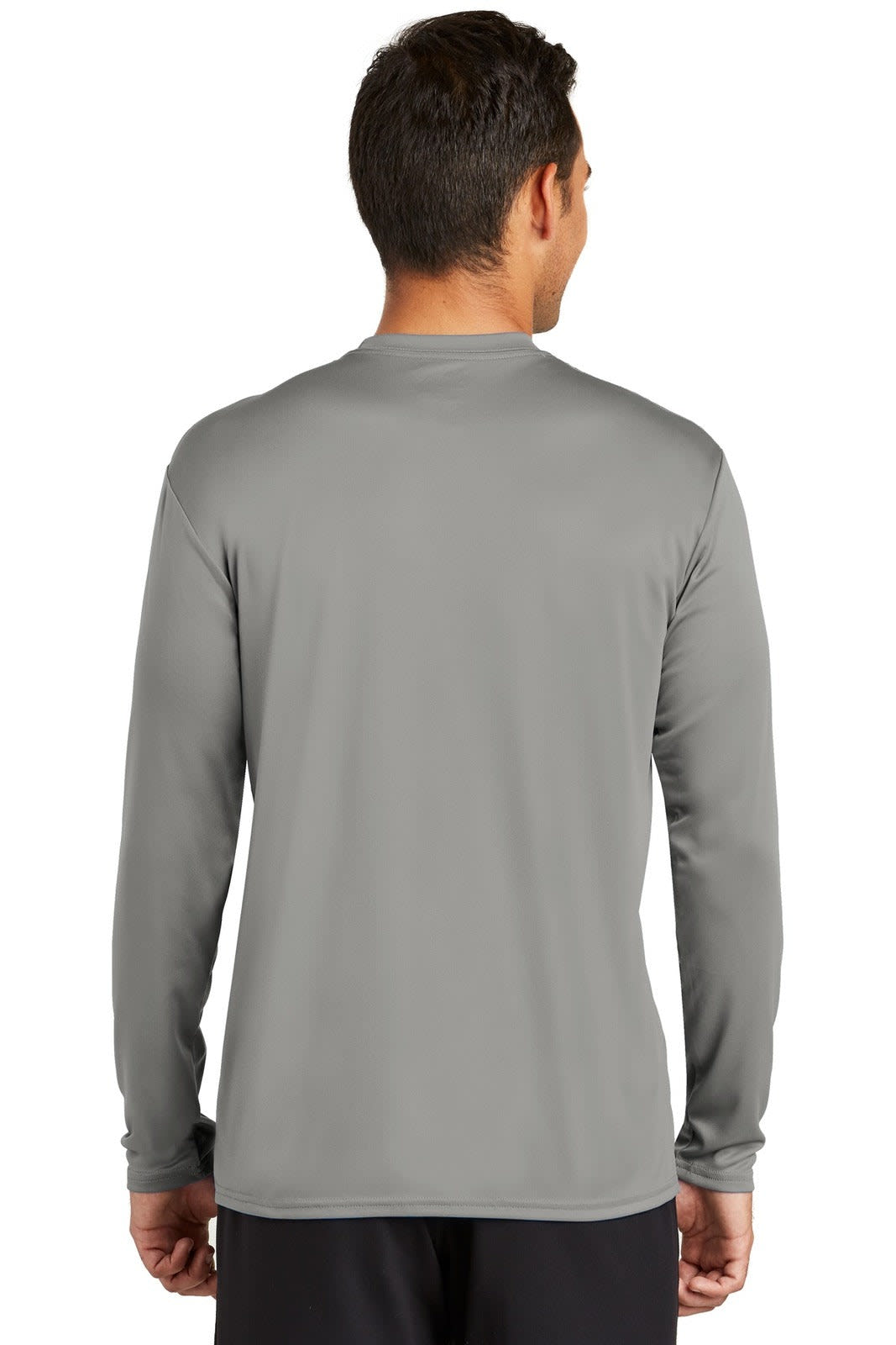 A long sleeve performance tee in grey, featuring a simple design and a logo on the back.