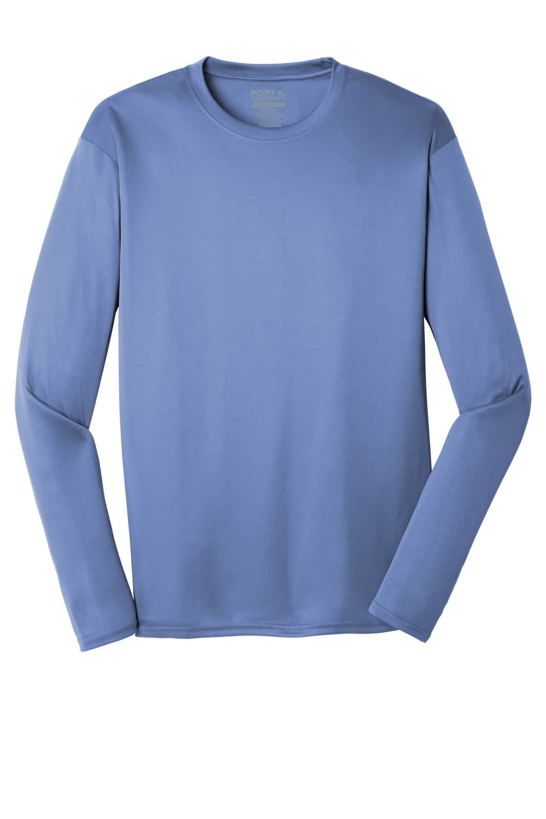 A long sleeve performance tee in a soft blue colour with a logo on the chest.