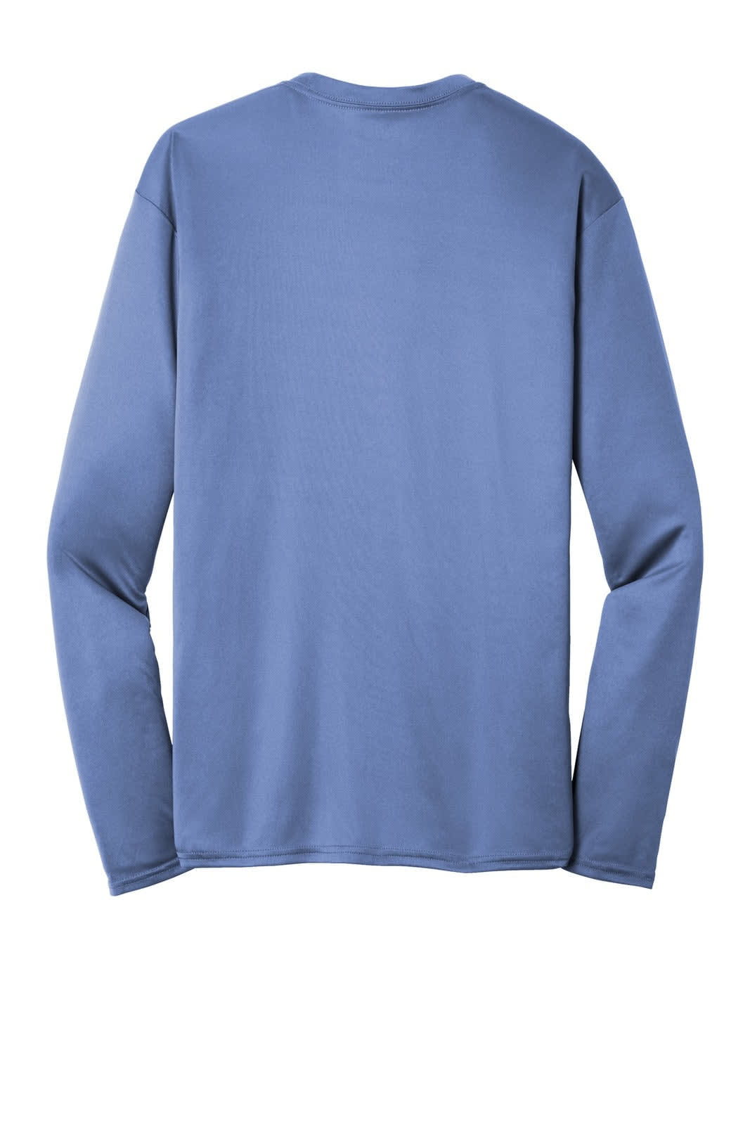 A long sleeve performance tee in blue with a plain back, featuring a logo on the fabric.