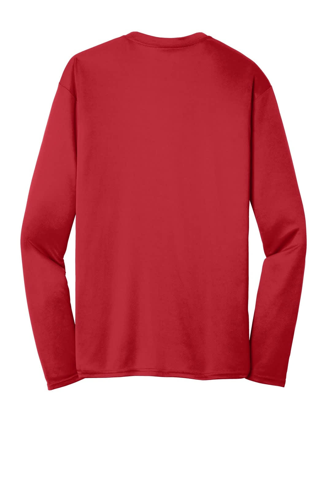 A long sleeve performance tee in red, featuring a plain back design and a logo on the neckline.