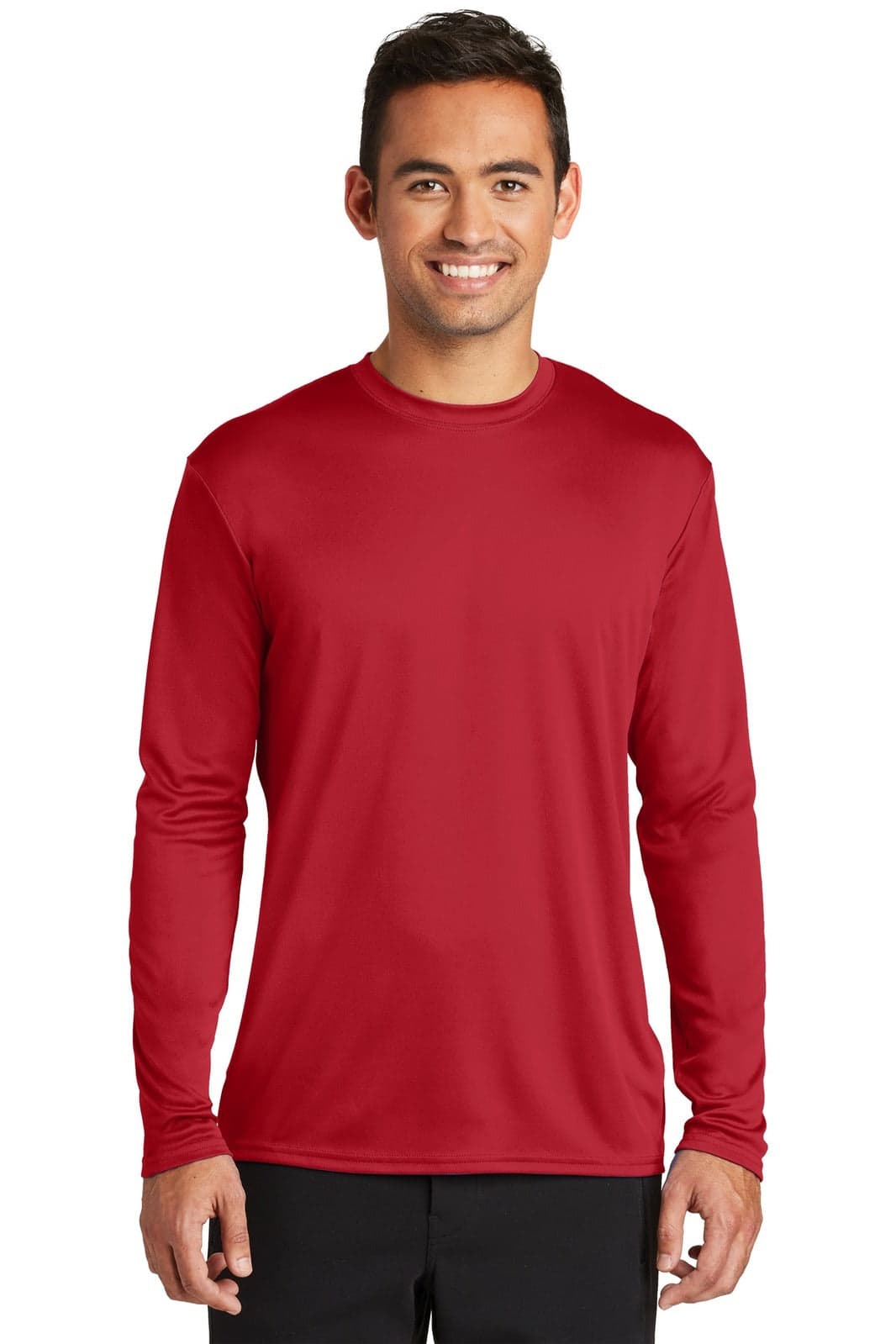 A long sleeve performance tee in red, featuring a smooth fabric finish and a logo.