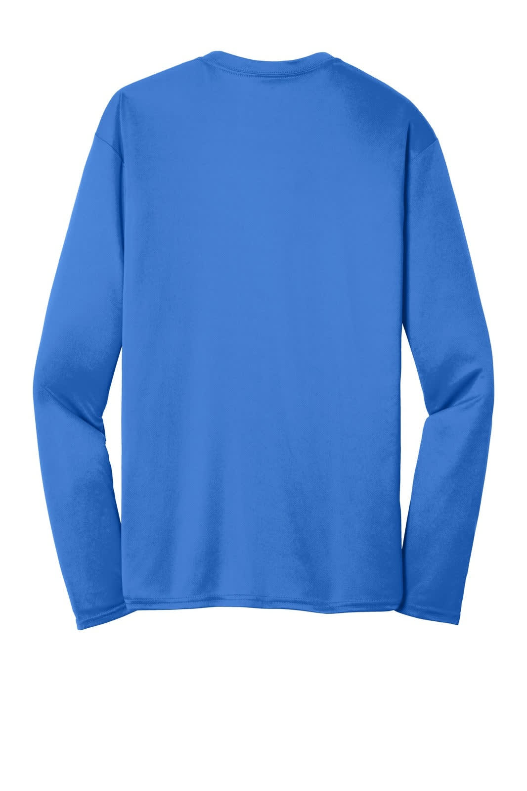 A blue long sleeve performance tee featuring a simple design and no visible branding.
