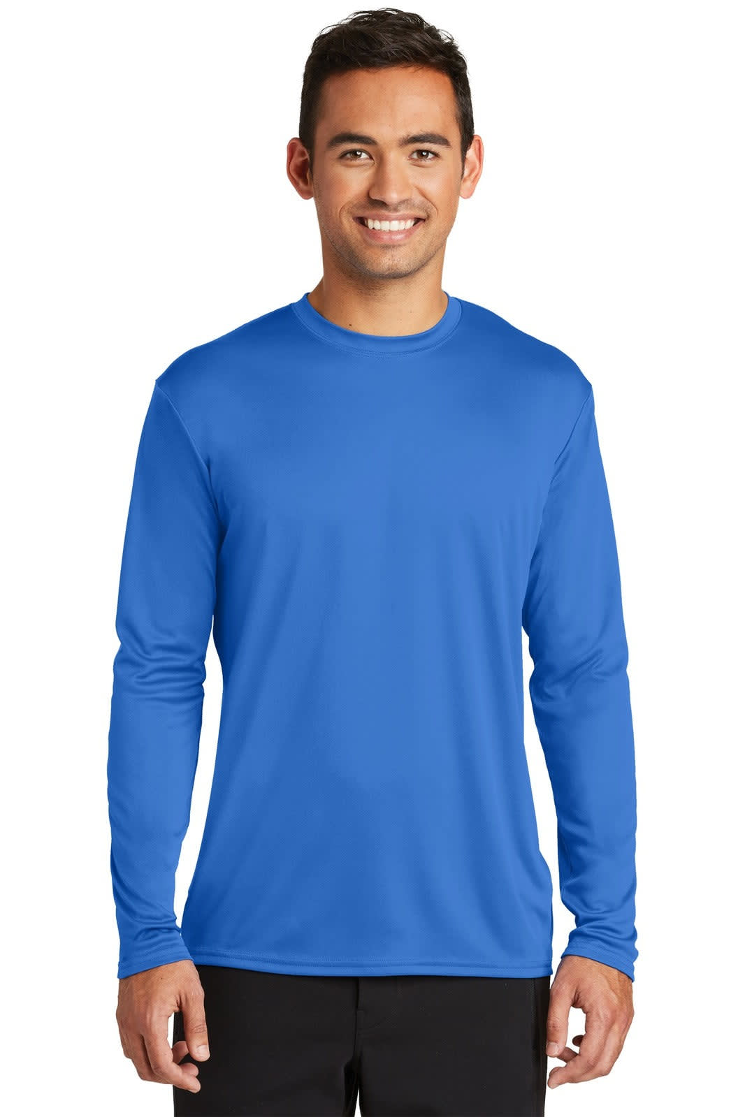 A man wearing a long sleeve performance tee in bright blue, featuring a logo on the chest.