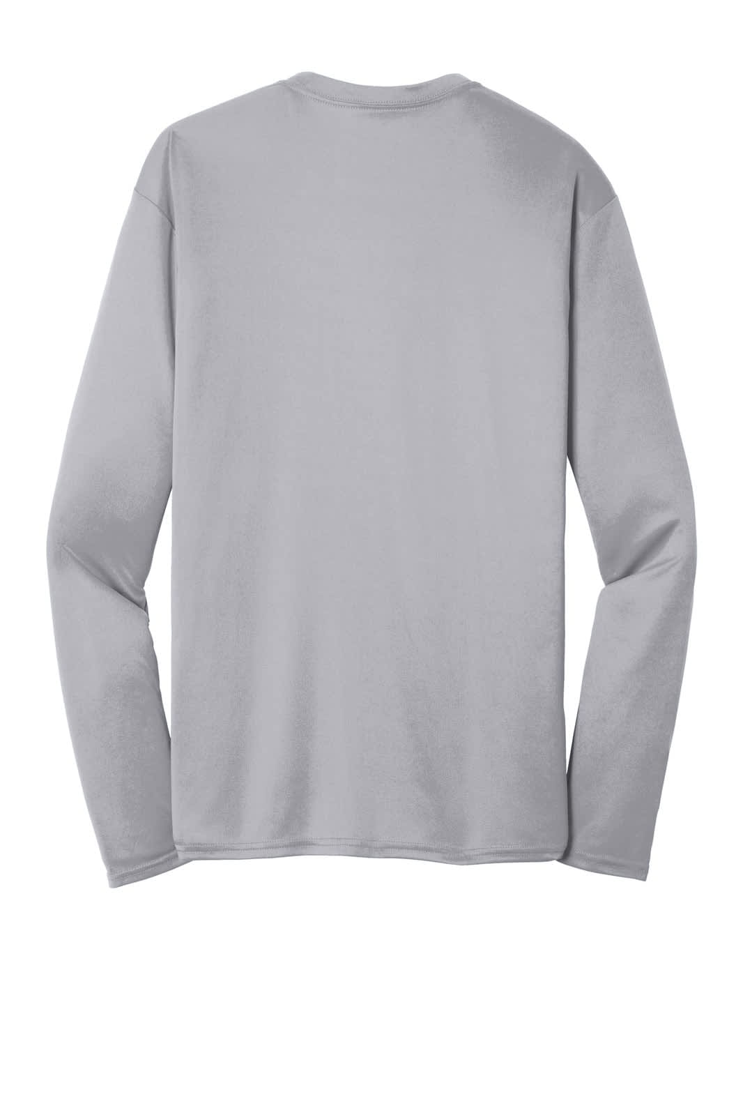 A grey long sleeve performance tee with a plain back and long sleeves. Features a logo on the sleeve.