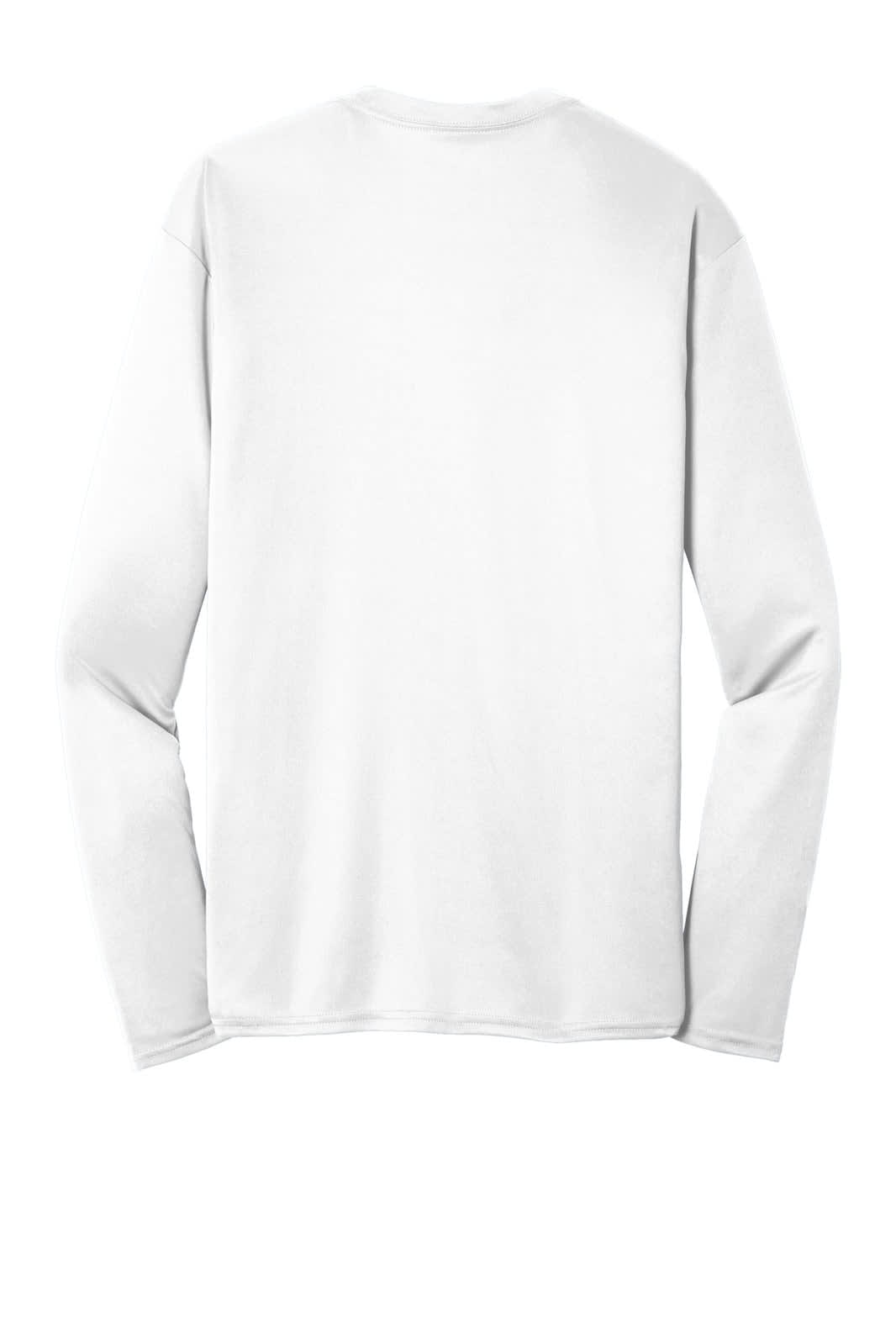A long sleeve performance tee in white, featuring a plain back and long sleeves, with a small logo present.