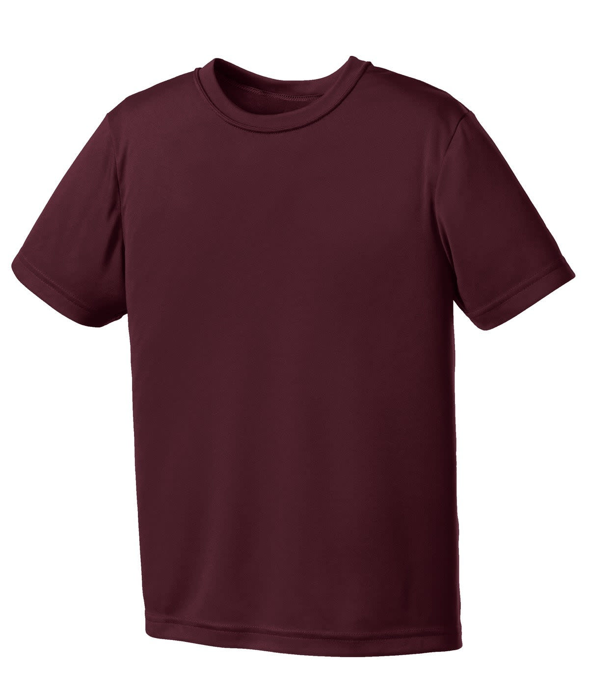A maroon youth performance tee with short sleeves and a crew neckline, featuring a logo.