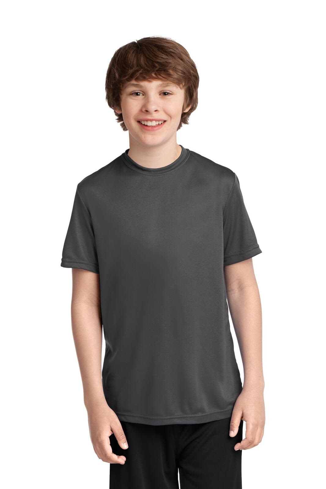 A youth performance tee in dark grey, featuring a logo, designed for comfort and active wear.