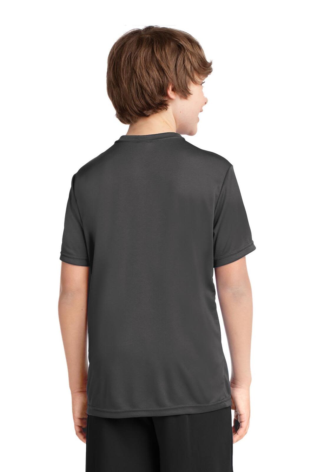 A youth performance tee in dark grey, featuring short sleeves and a smooth fit. It has a logo on the back.