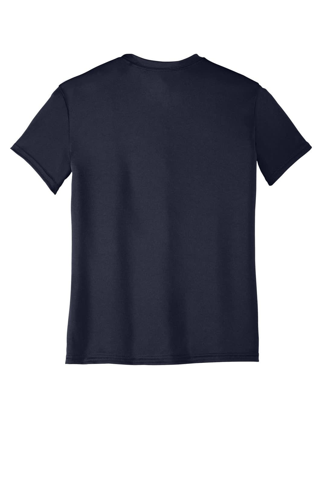A navy blue youth performance tee with short sleeves and a plain back, featuring a small logo.