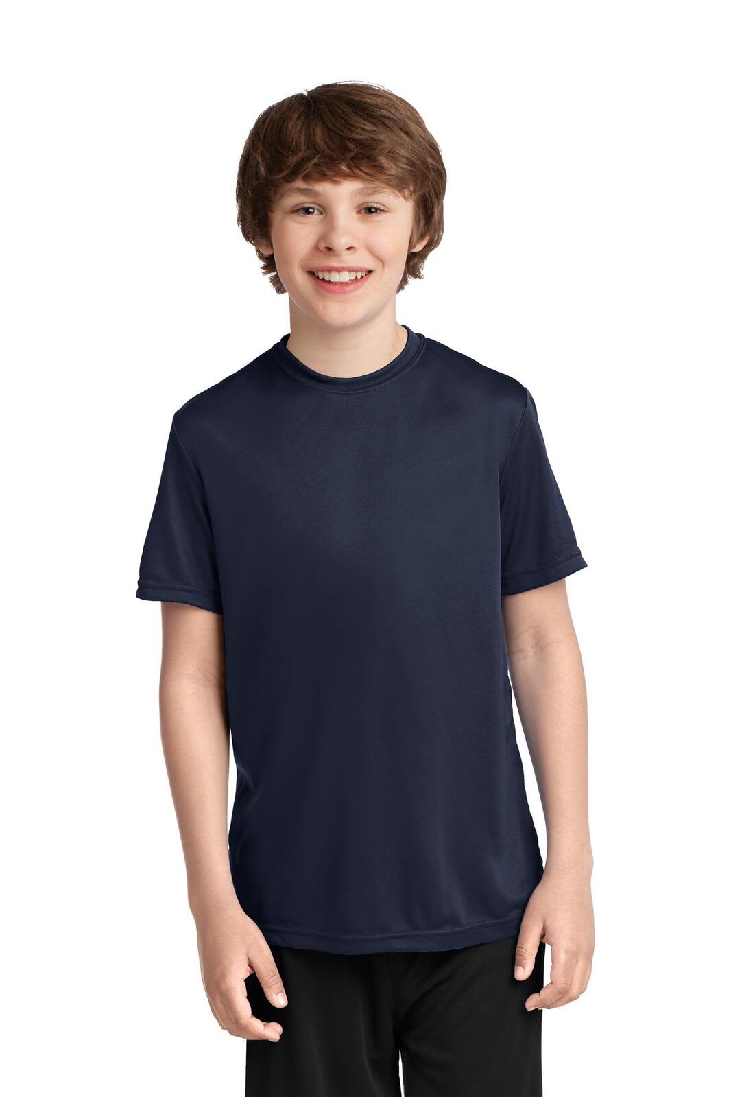 A youth performance tee in navy blue, featuring short sleeves and a smooth fabric. The shirt has a logo on it.