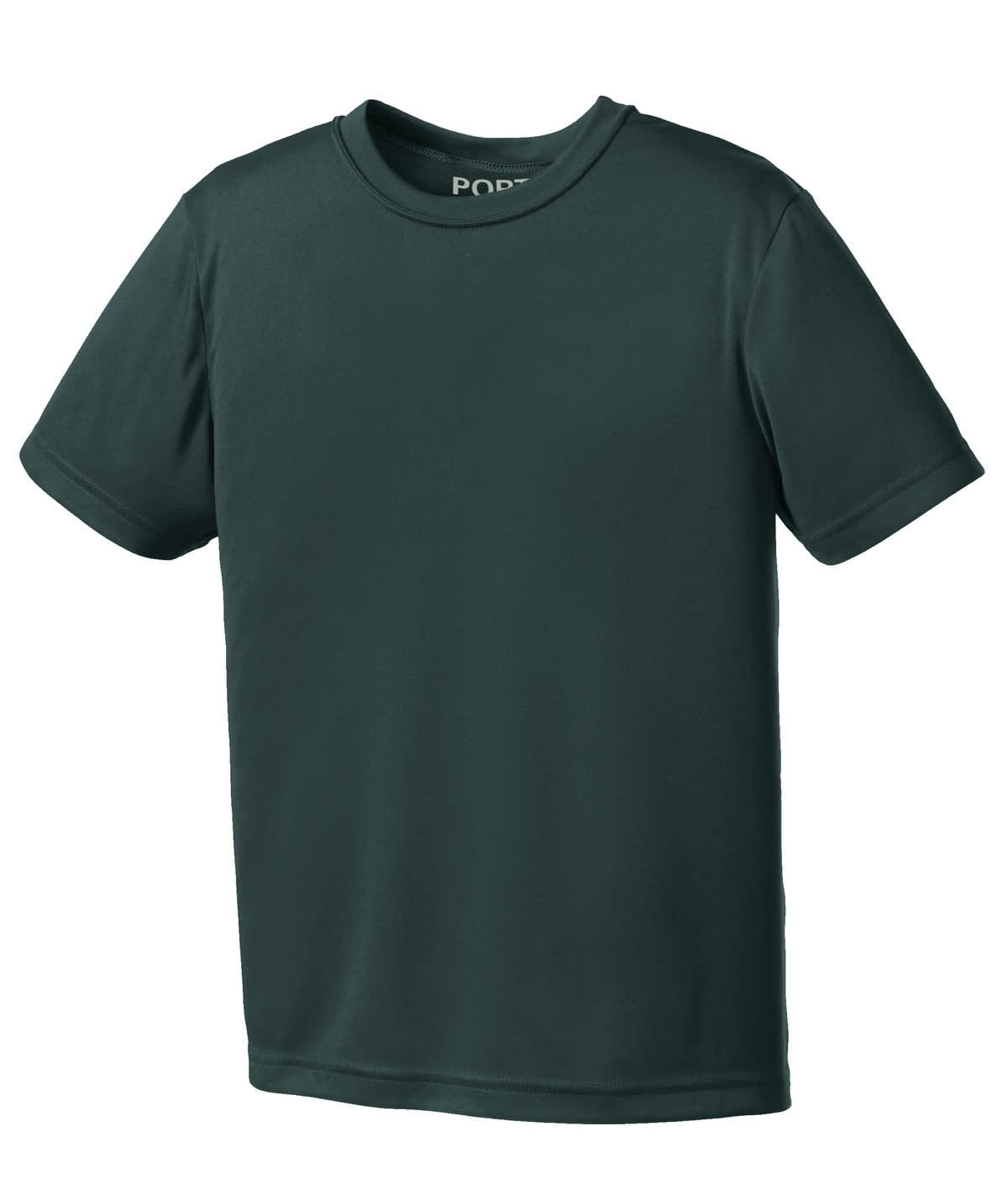 A dark green youth performance tee with short sleeves and a plain design, featuring a logo on the neckline.