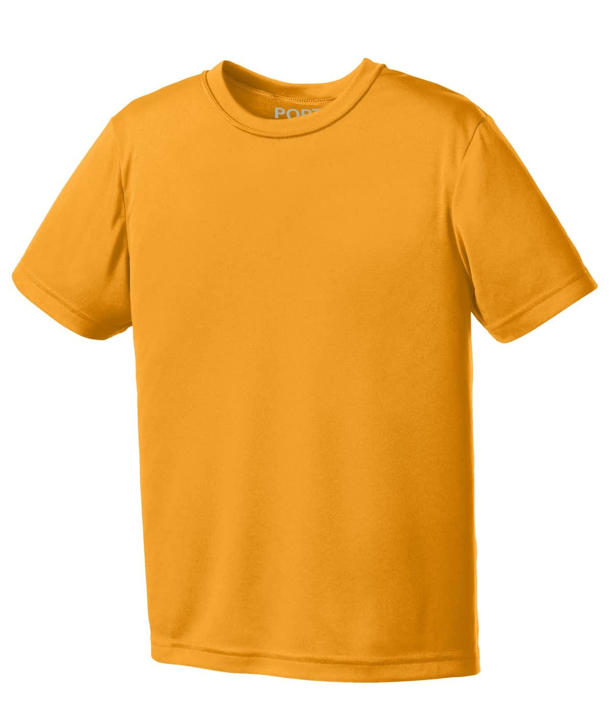 An orange youth performance tee with short sleeves and a logo on the neckline.