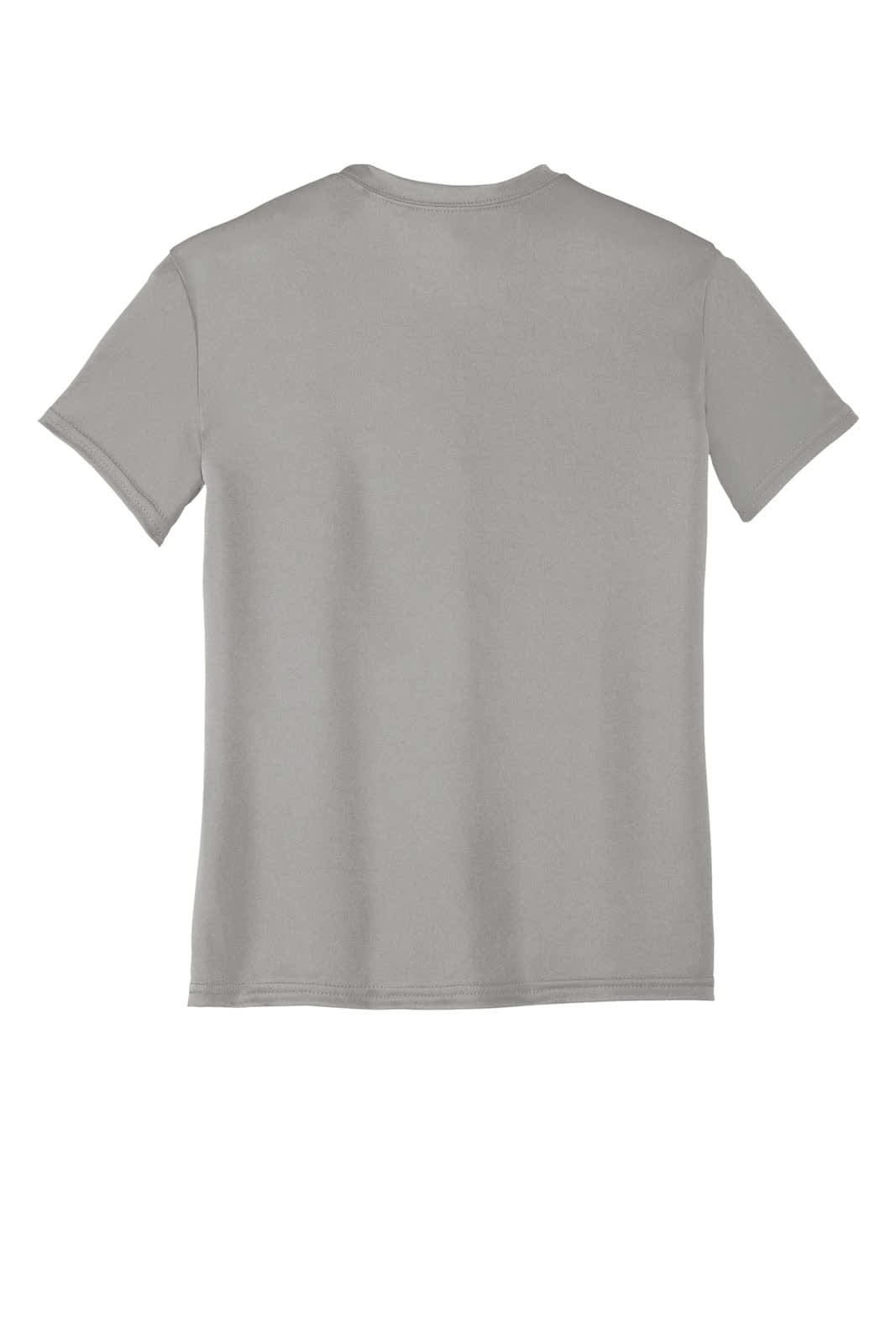A grey youth performance tee with a smooth finish and short sleeves. The back is plain with no visible design.