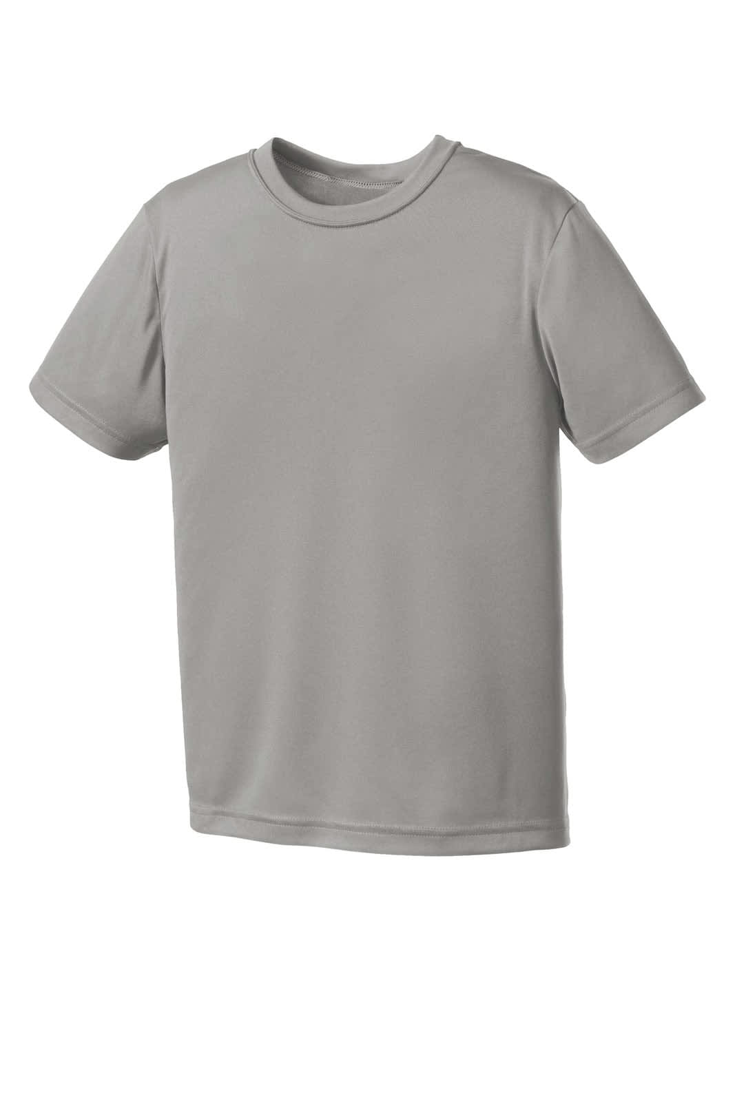 A light grey youth performance t-shirt featuring short sleeves and a round neckline. It includes a logo.