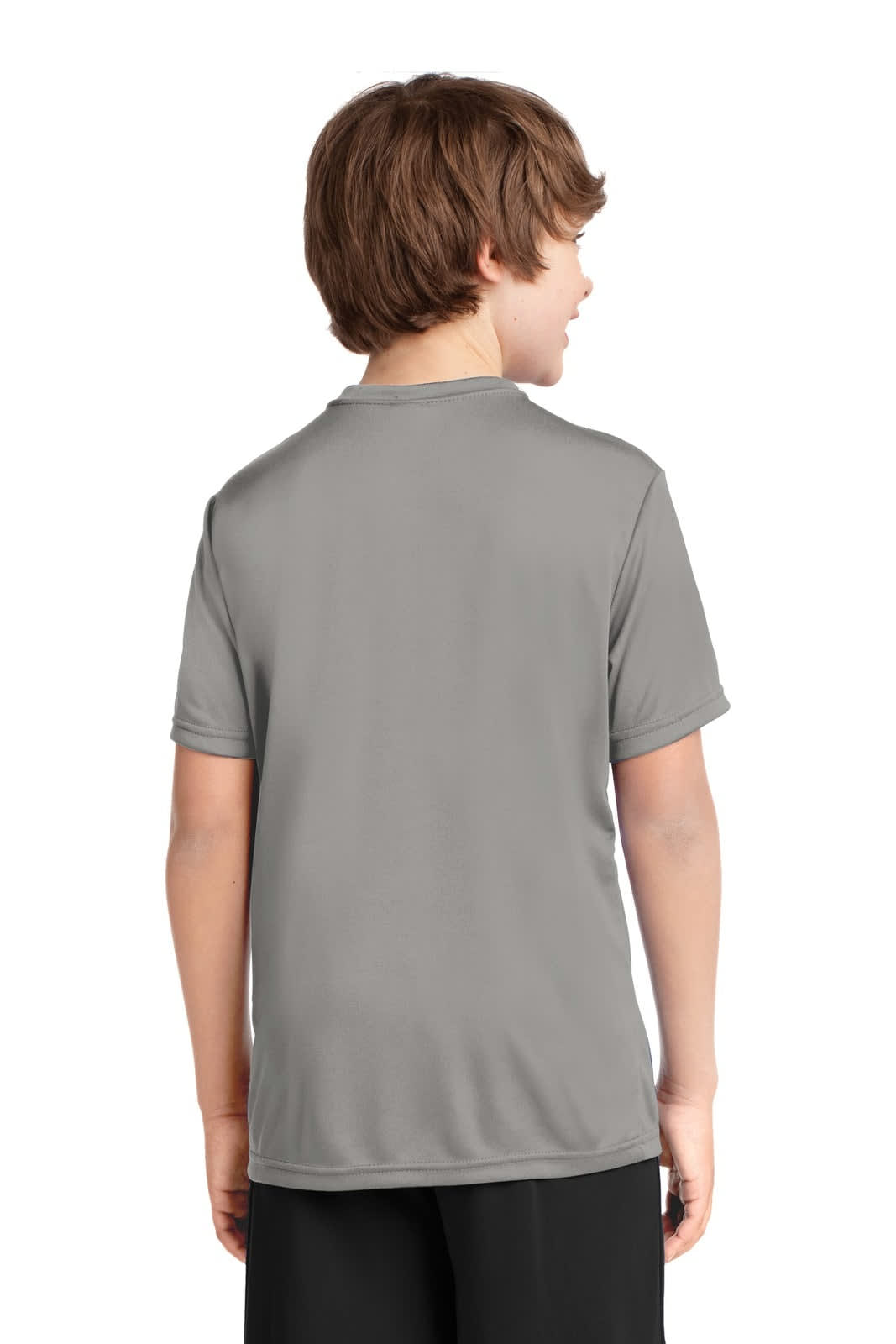A youth grey performance tee viewed from the back, featuring short sleeves and a smooth texture.