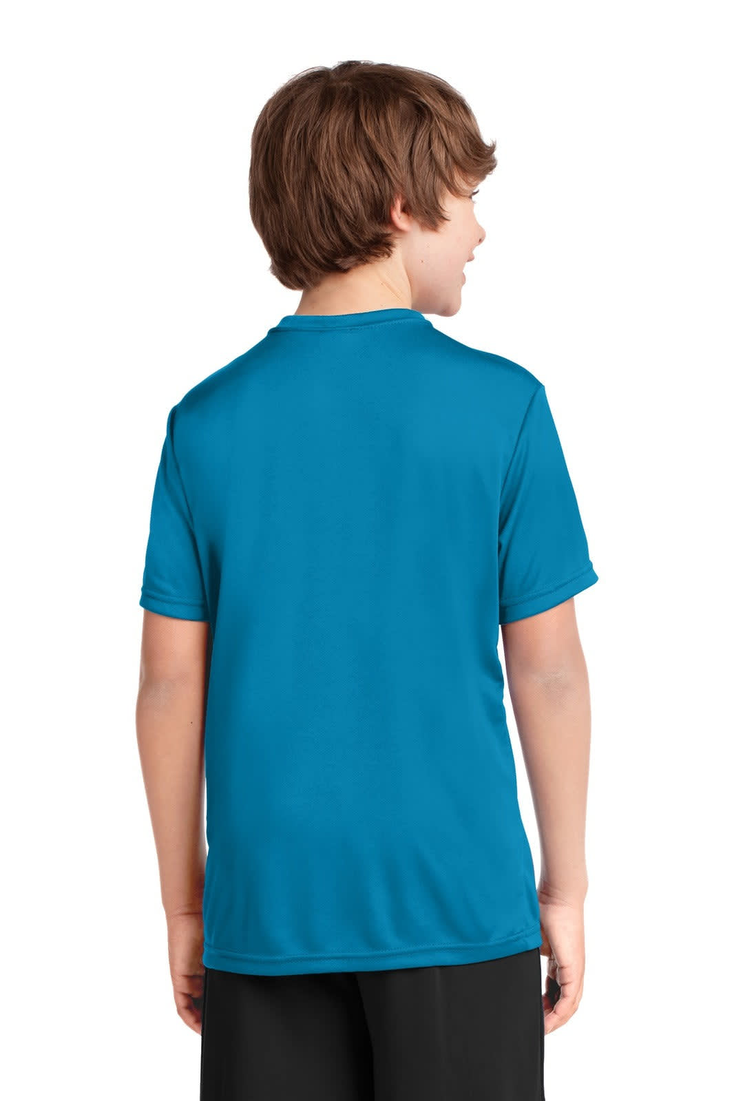 A youth performance tee in vibrant blue, featuring short sleeves and a smooth texture, shown from the back.