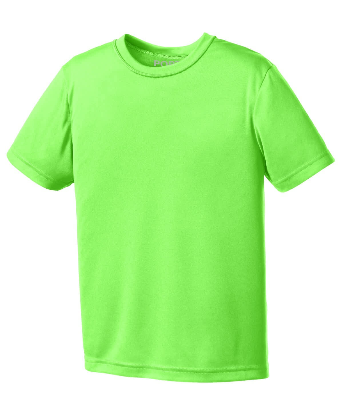 A bright green youth performance T-shirt made from moisture-wicking fabric, featuring a logo on the front.
