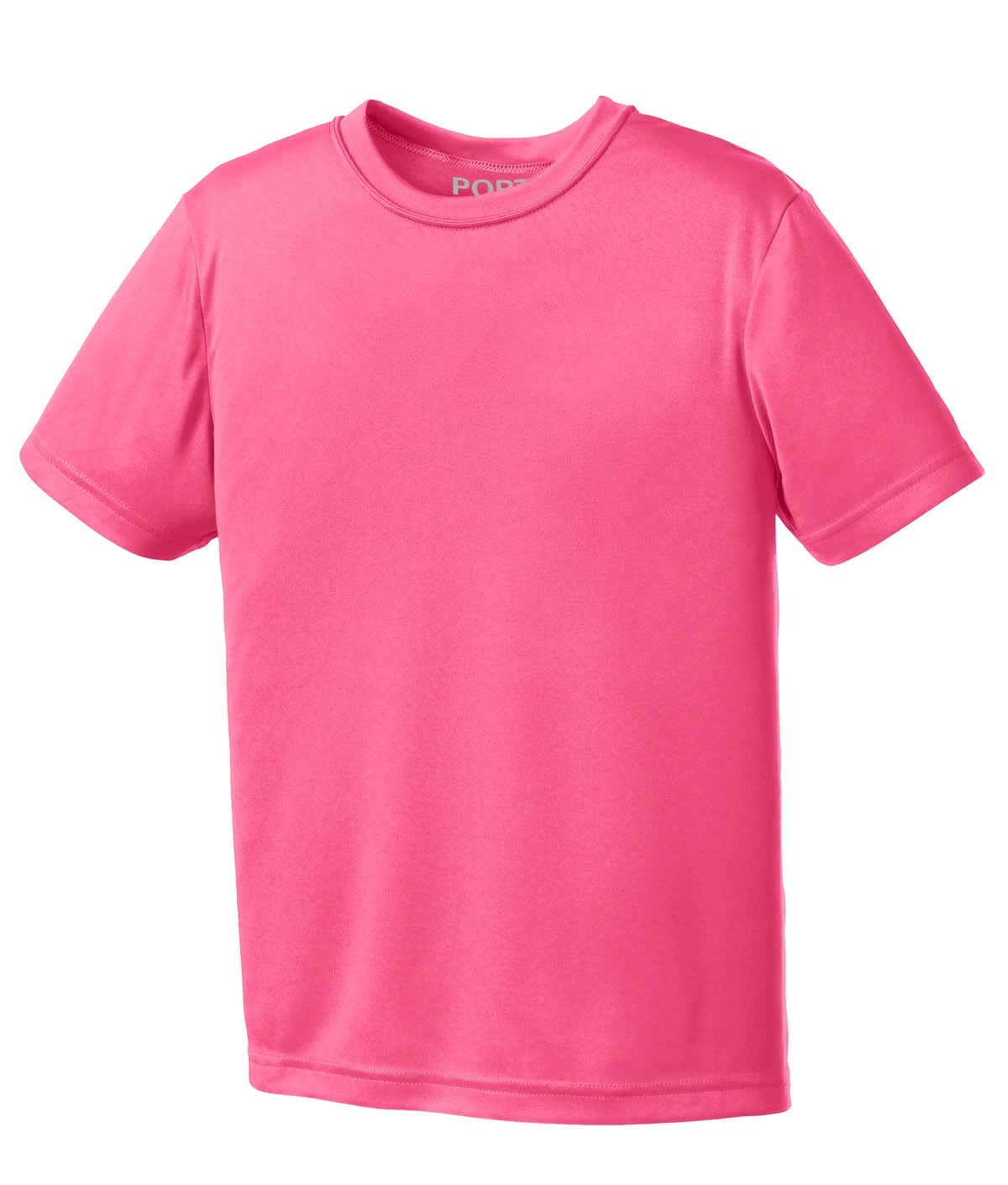 A pink youth performance tee with short sleeves, featuring a logo on the collar.