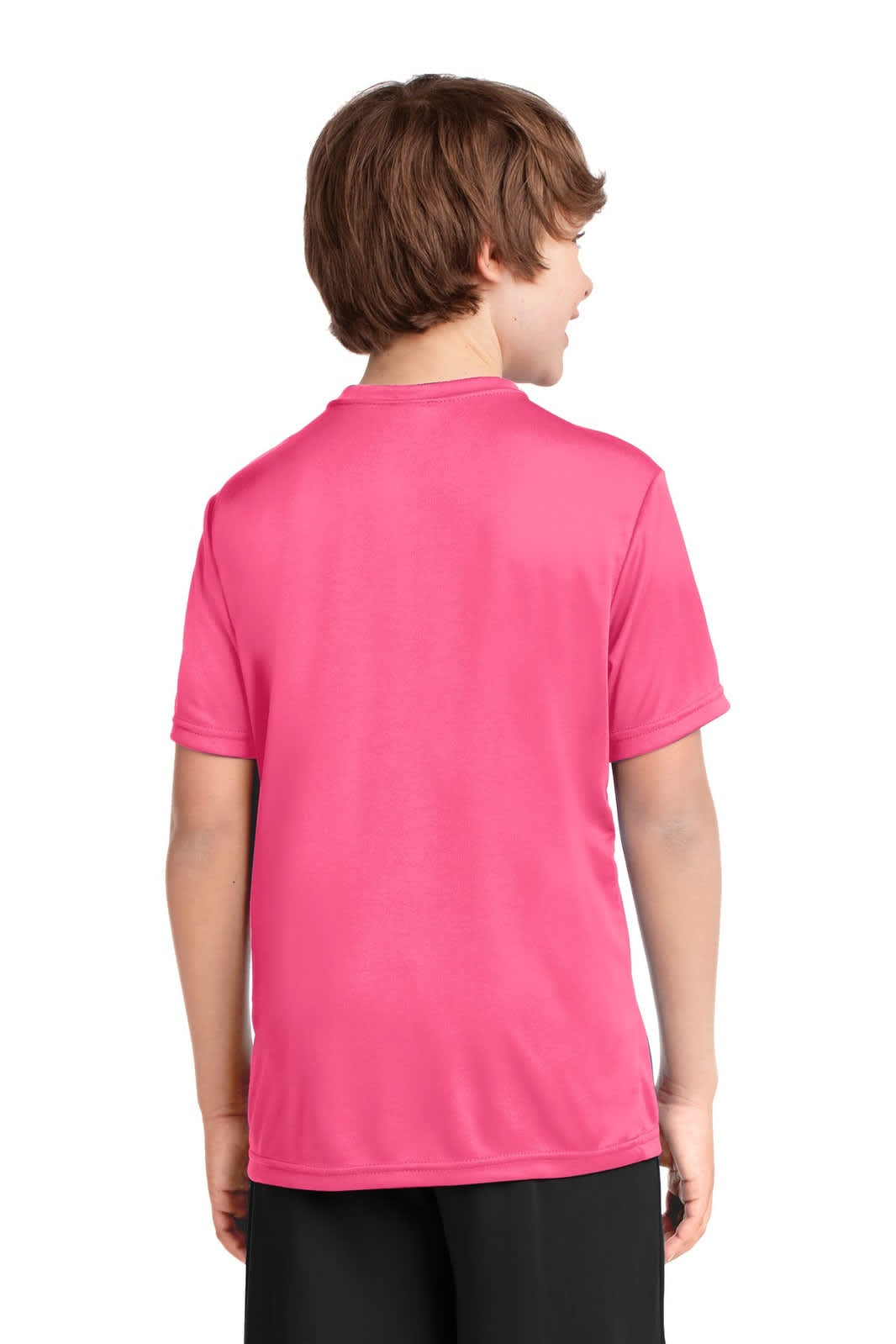 A youth performance tee in bright pink, featuring short sleeves and a logo on the back.