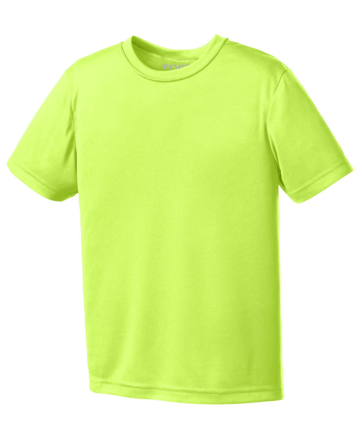A bright lime green youth performance tee with short sleeves and a simple design. It features a logo on the shirt.