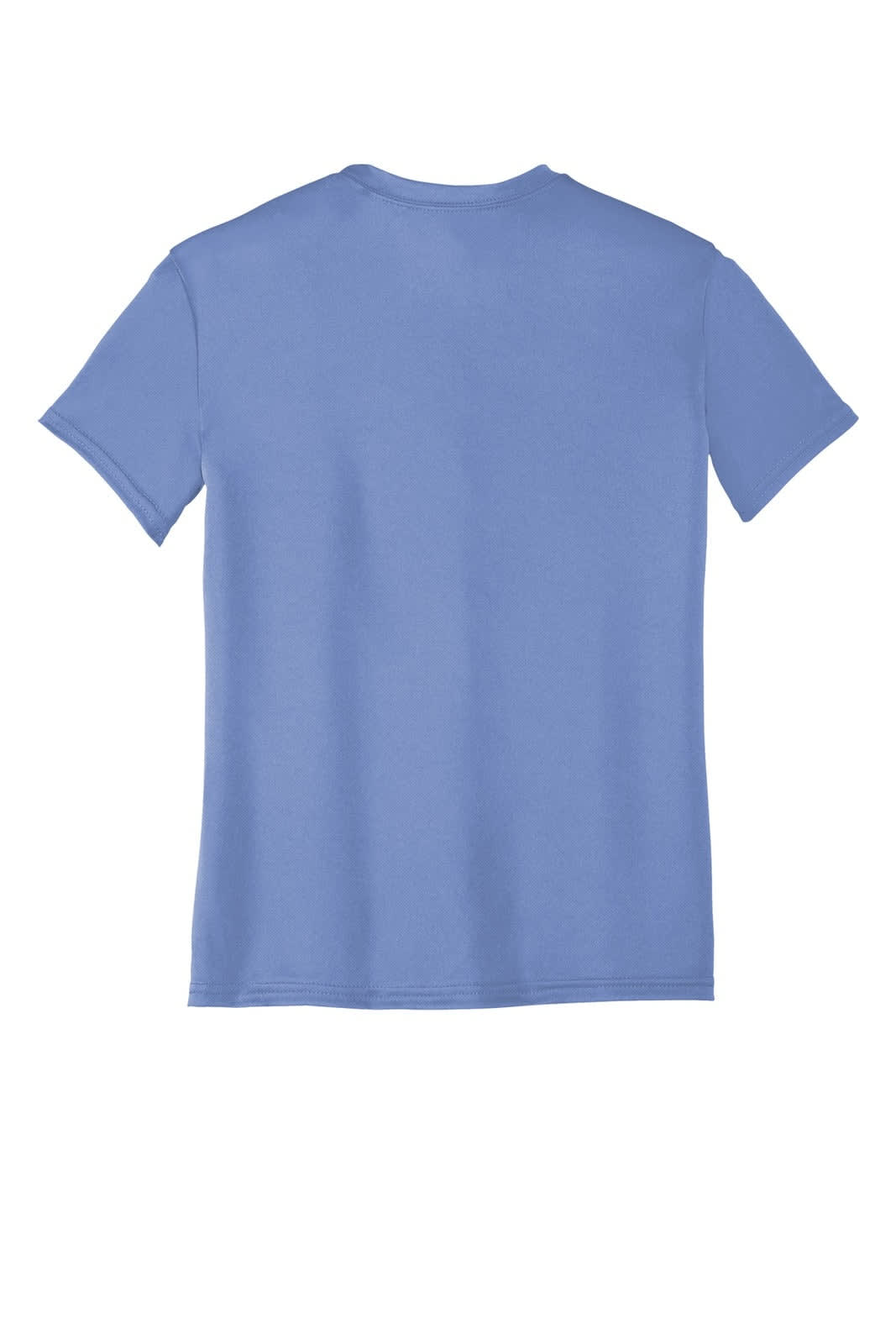 A light blue youth performance tee featuring short sleeves and a simple design. It has a logo on it.