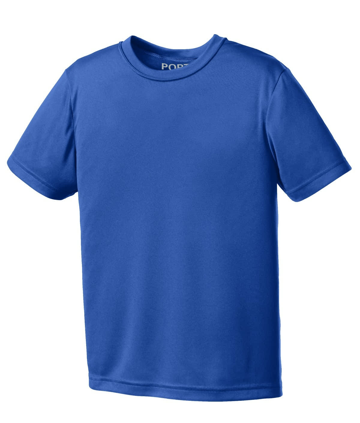 A blue youth performance t-shirt featuring short sleeves and a crew neckline. It has a logo on the collar.