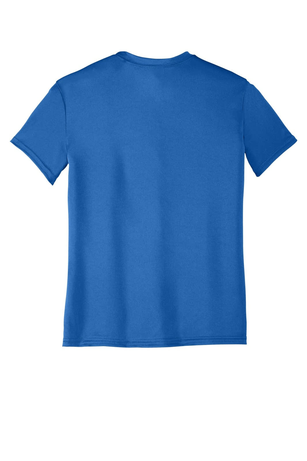A short-sleeved youth performance tee in vibrant blue, featuring a plain back design with a logo.
