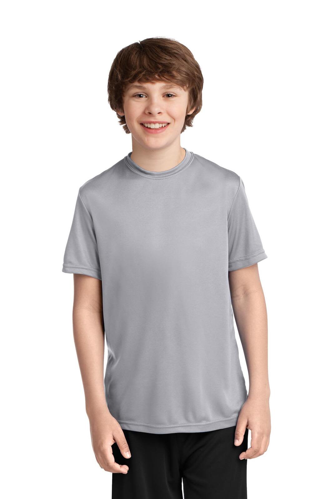 A youth performance t-shirt in grey, featuring a simple design and a logo on the front.