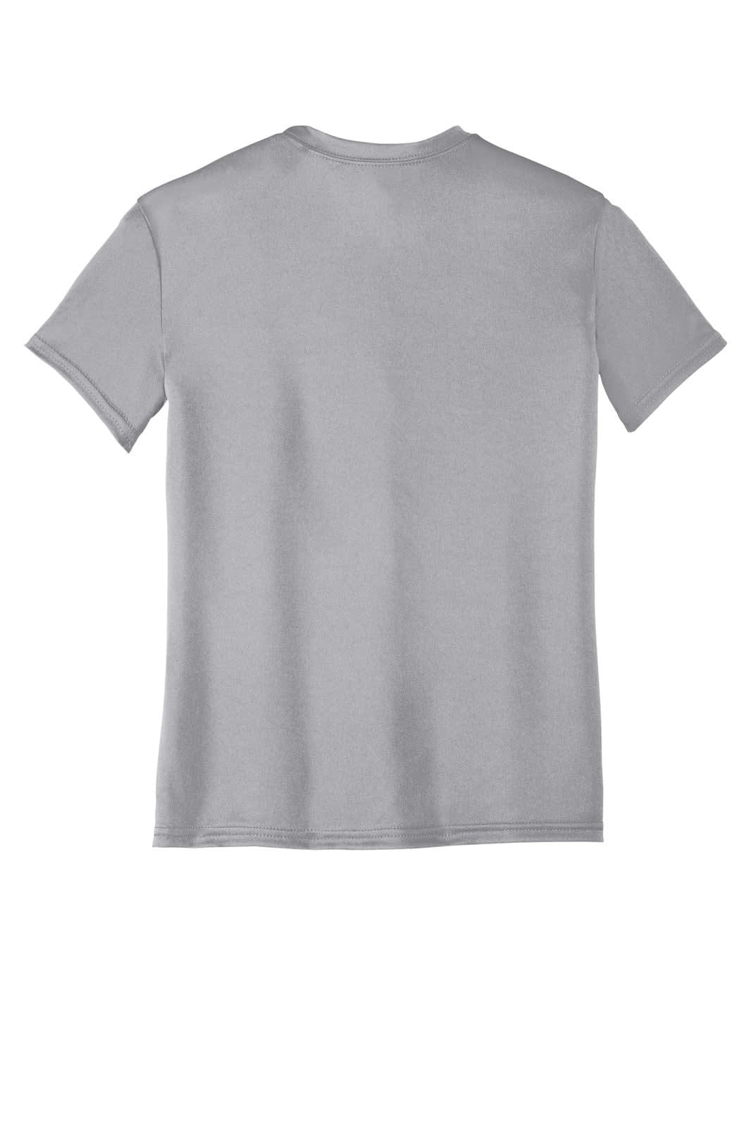 A grey youth performance tee featuring a crew neck and short sleeves. It has a logo on the back.
