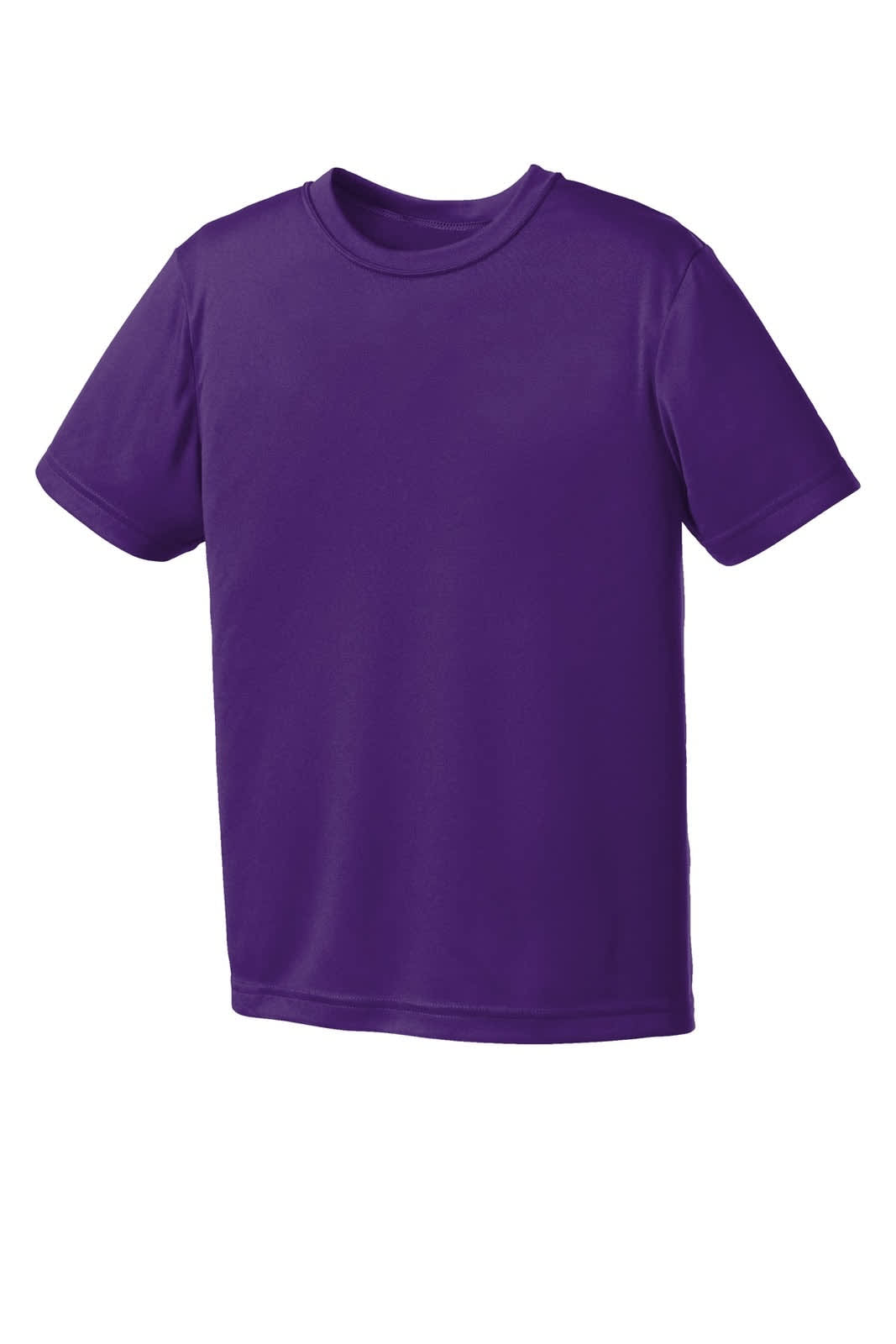 A purple youth performance tee with short sleeves and a round neckline. The shirt features a logo.