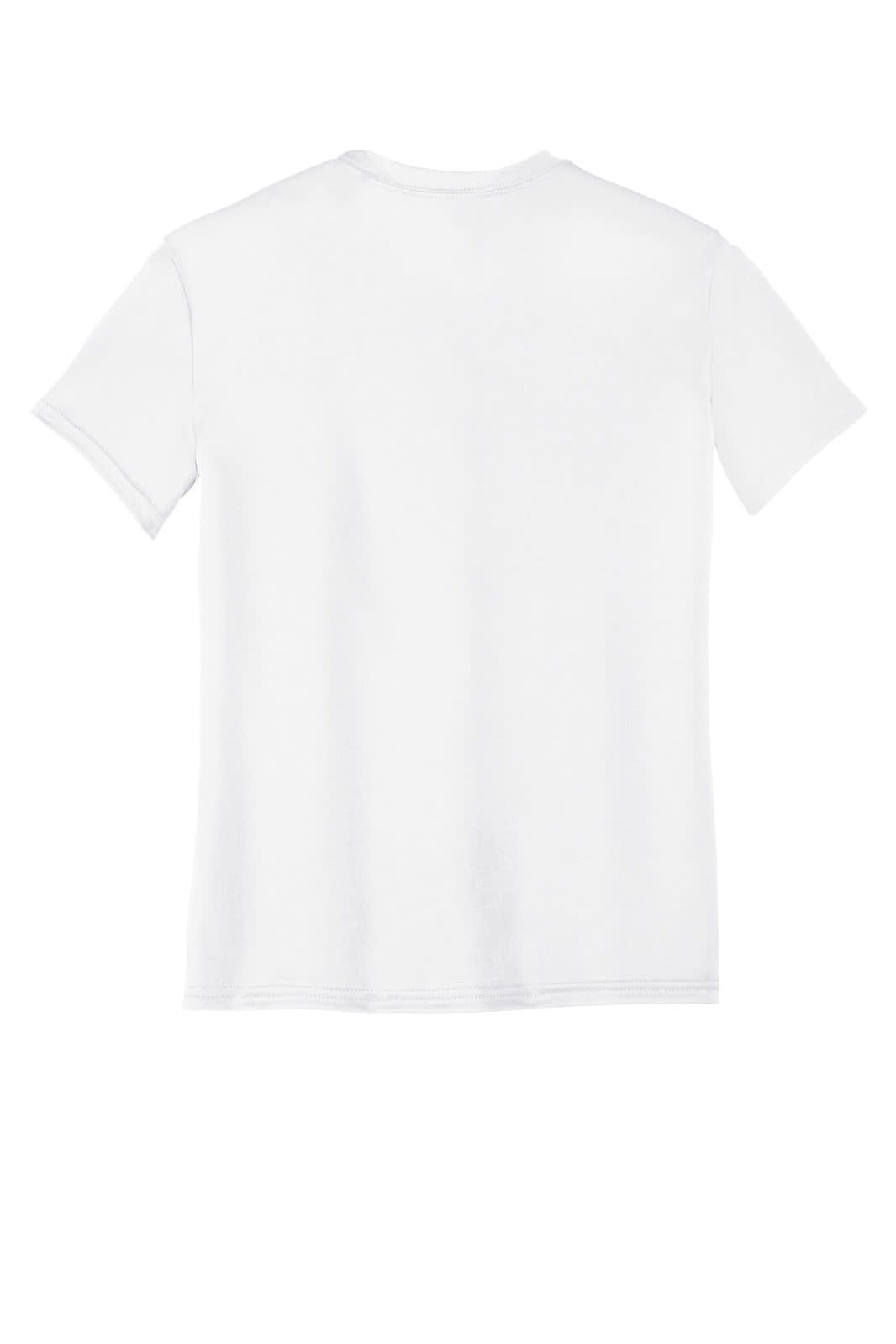 A white youth performance t-shirt with a plain back and short sleeves, featuring a logo.