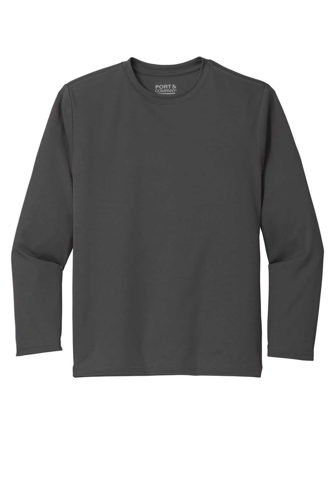 A long sleeve performance tee in dark grey with a logo on the neckline. Perfect for active wear and casual style.