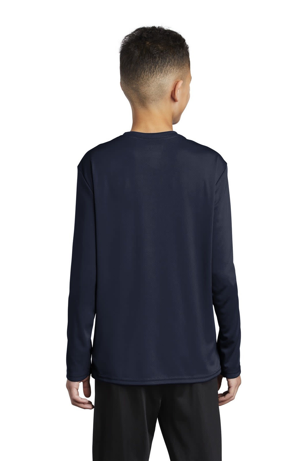 A navy long sleeve performance tee for youth, featuring a smooth fabric and a simple design. It has a logo on the back.