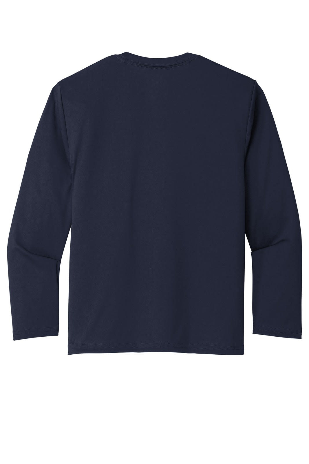 A navy long sleeve performance tee for youth, featuring a plain back design and a logo.