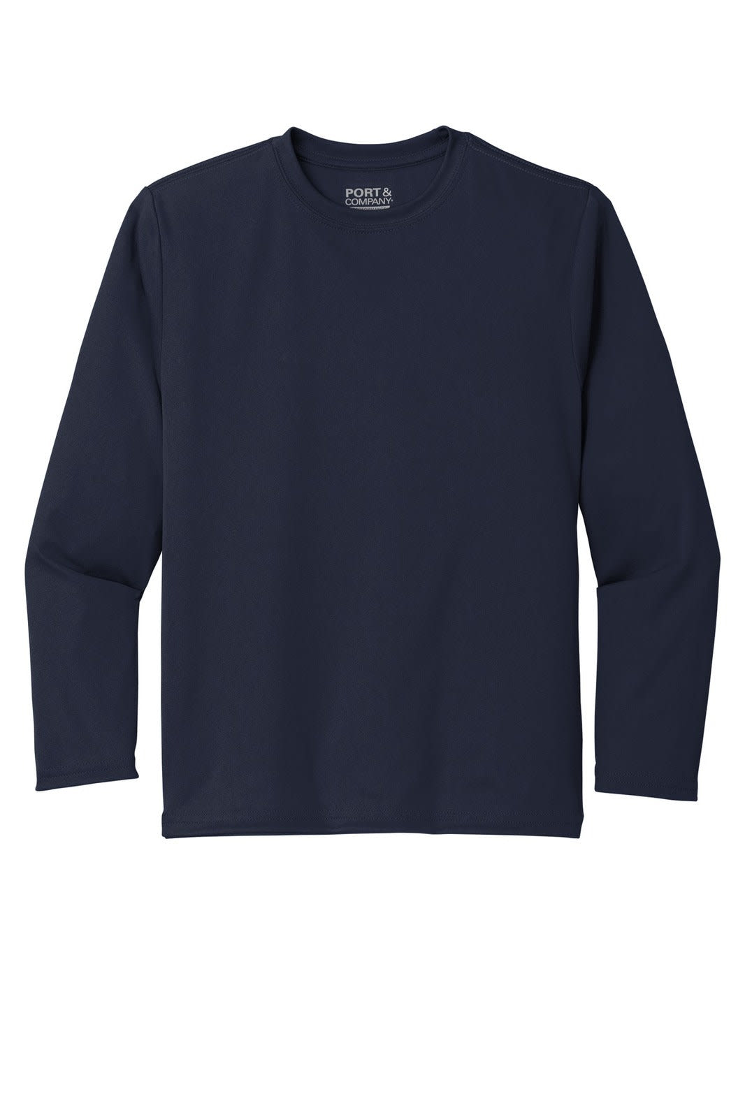 A navy long sleeve performance tee featuring a logo on the label. Suitable for youth sizes.