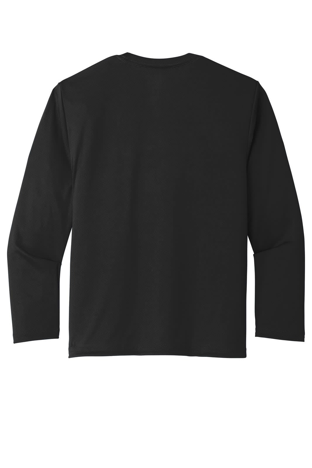 A black long sleeve performance tee featuring a smooth back design and a logo.