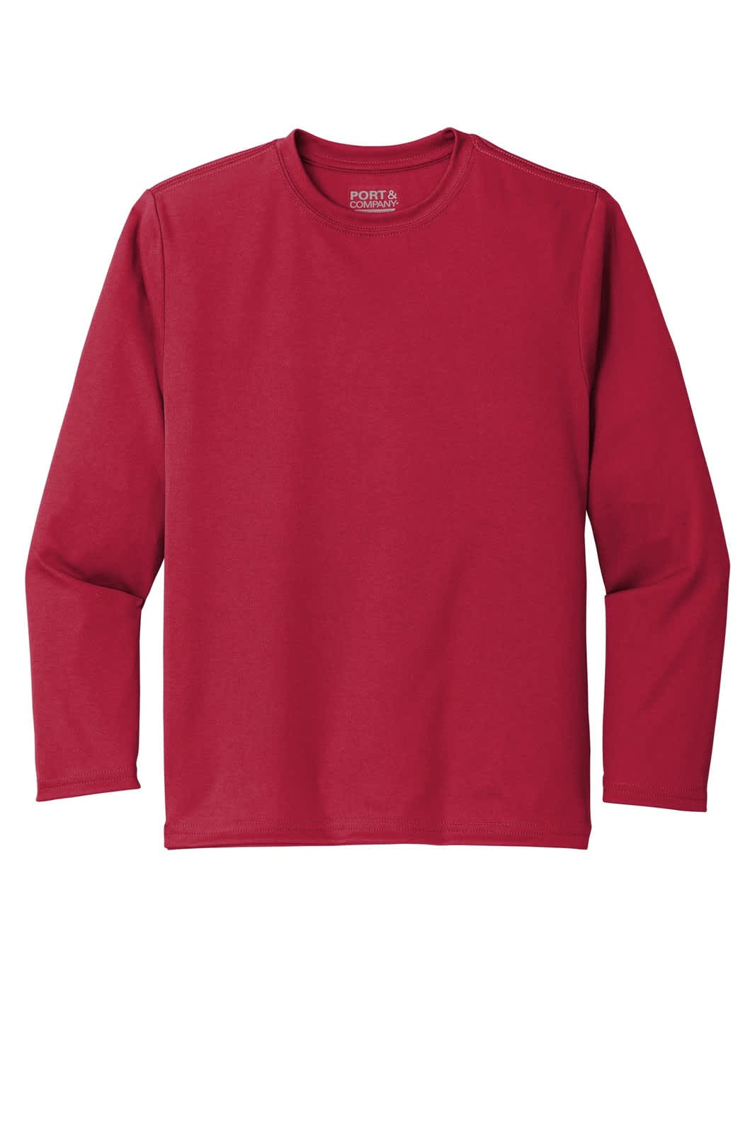 A red long sleeve performance tee featuring a logo, suitable for youth.