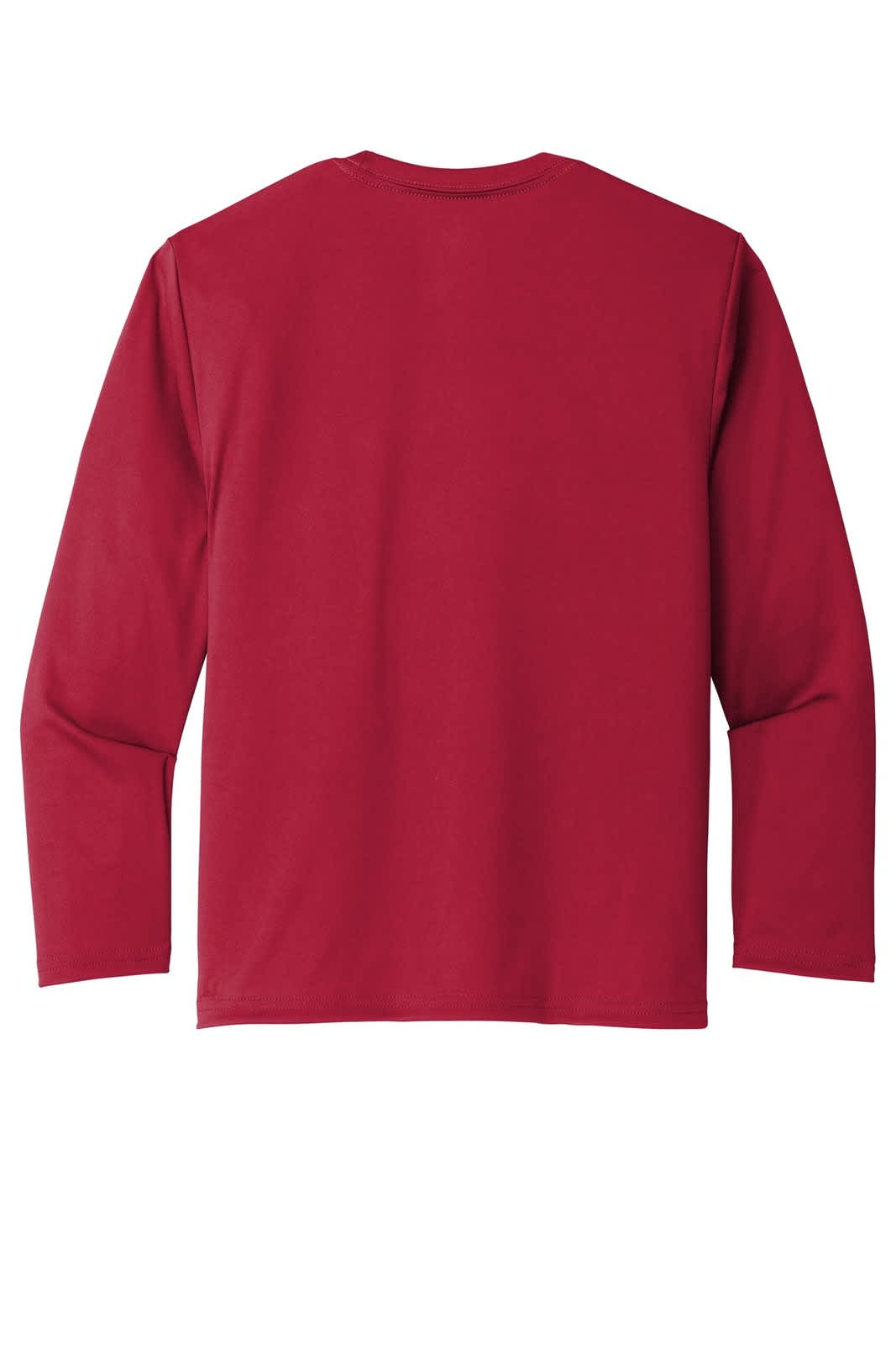 A red long sleeve performance tee, featuring a plain back and a logo on the neck area.