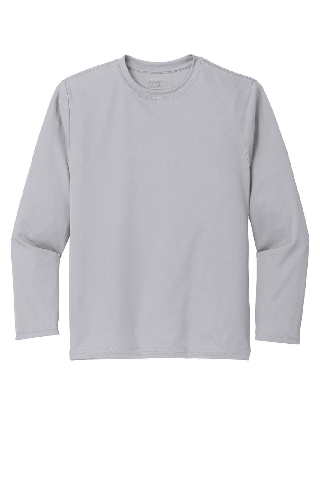A light grey long sleeve performance tee shirt with a crew neck and branding. Suitable for youth sizes.