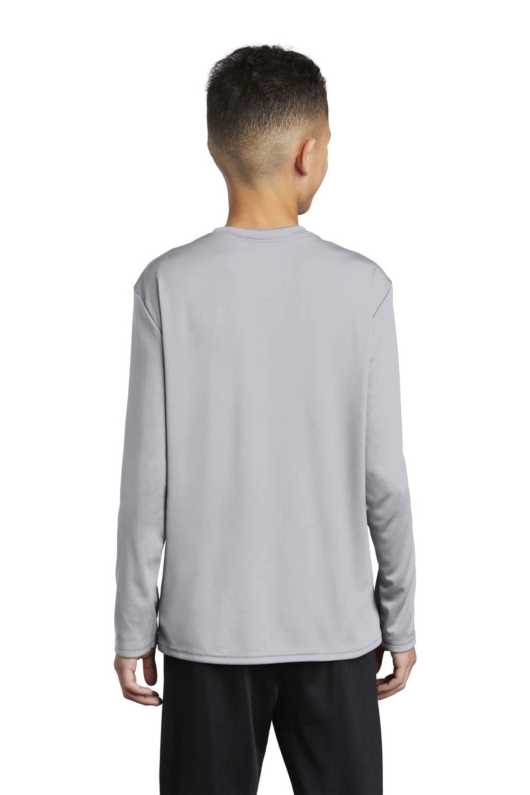 A grey long sleeve performance tee designed for youth, featuring a simple back design and a logo.