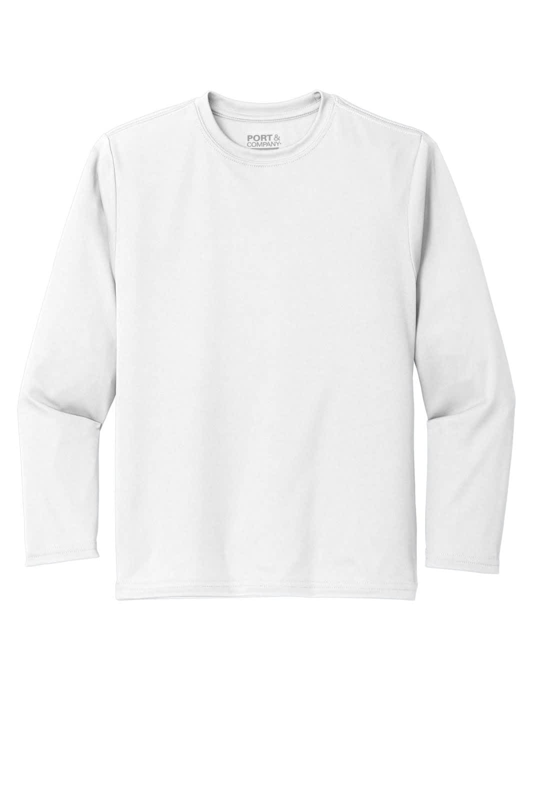 A white long sleeve performance tee with a rounded neckline and a logo at the top.