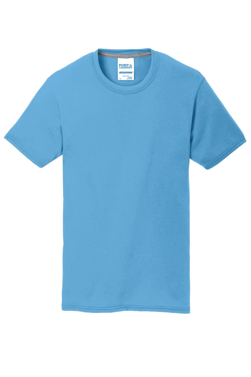A blue Port & Company Performance Blend T-Shirt featuring a logo on the label.