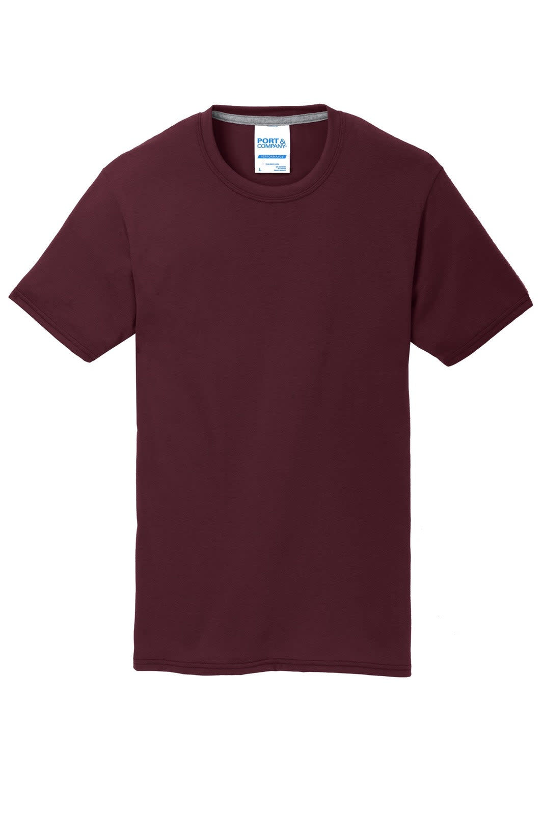 A maroon performance blend T-shirt with short sleeves and a tag featuring branding.