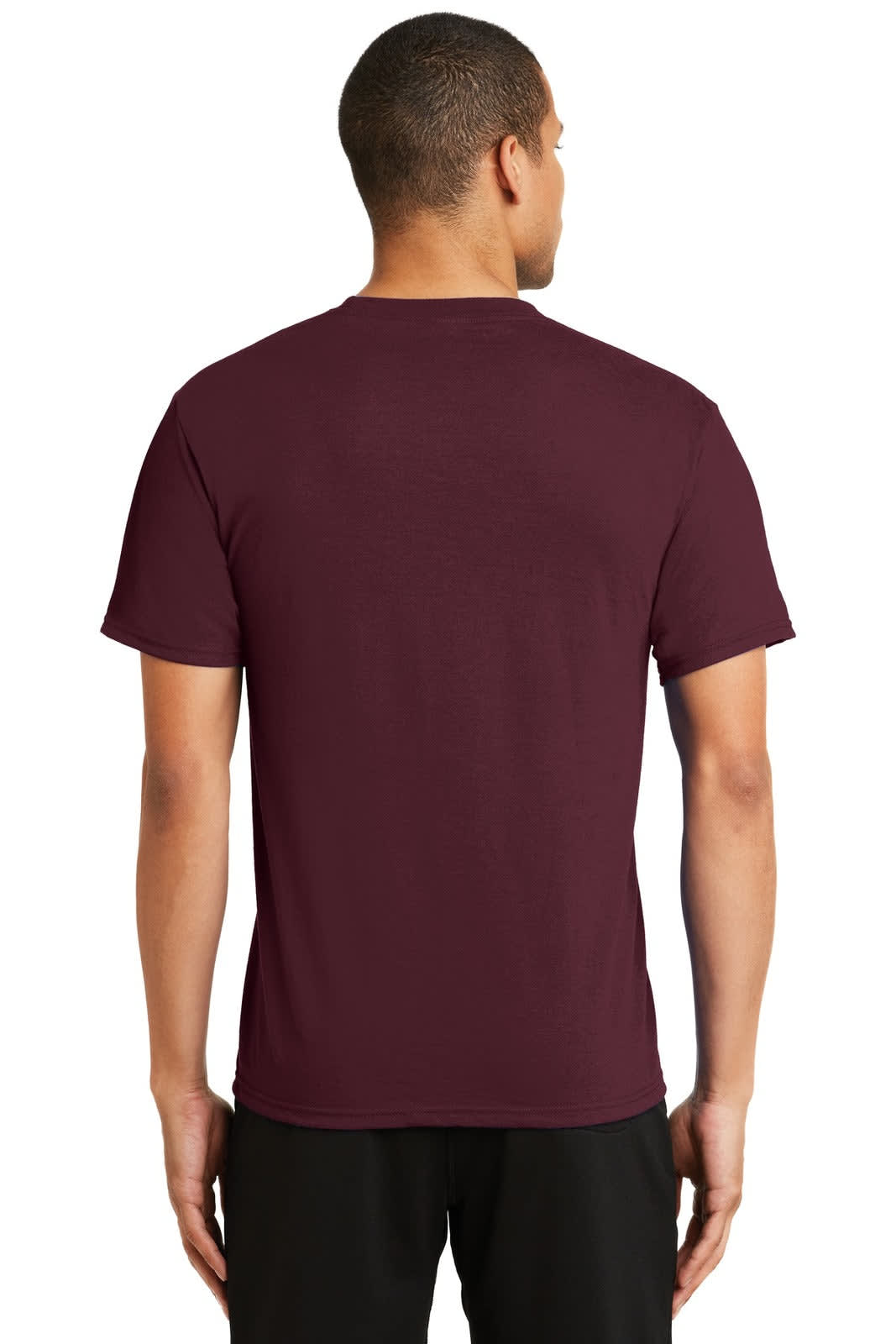 A maroon performance blend t-shirt with a small logo on the back, featuring a classic crew neck design.