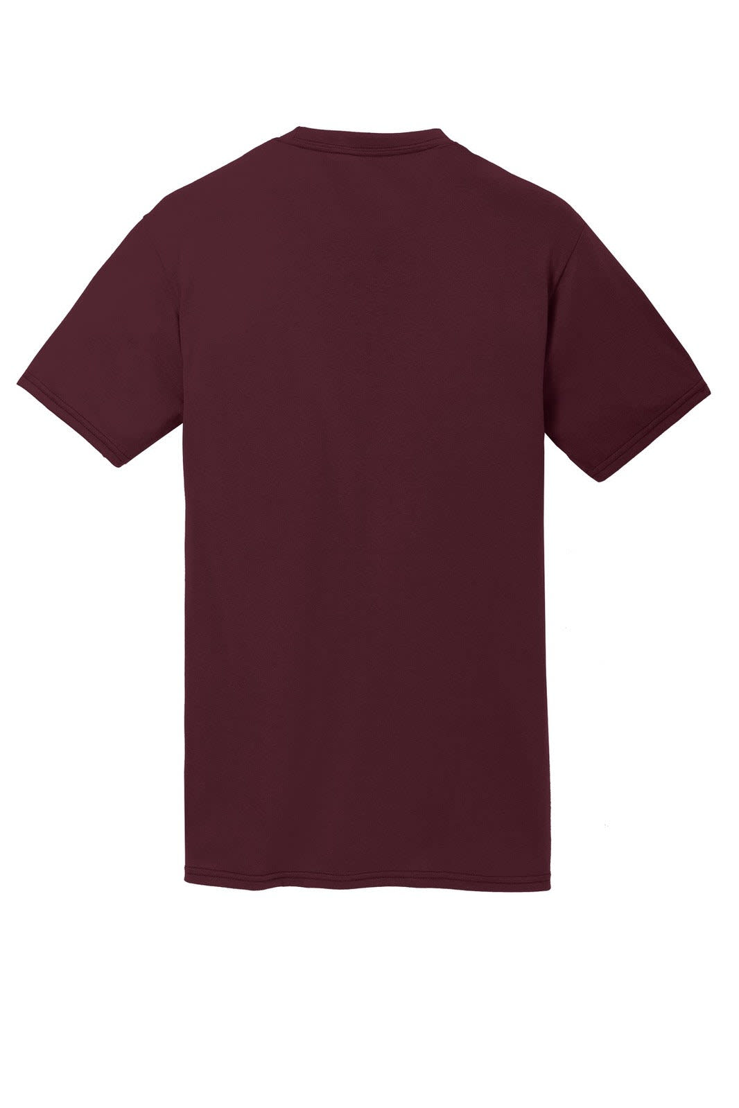 A maroon Port & Company Performance Blend Tee, featuring a plain back with a logo on the neckline.